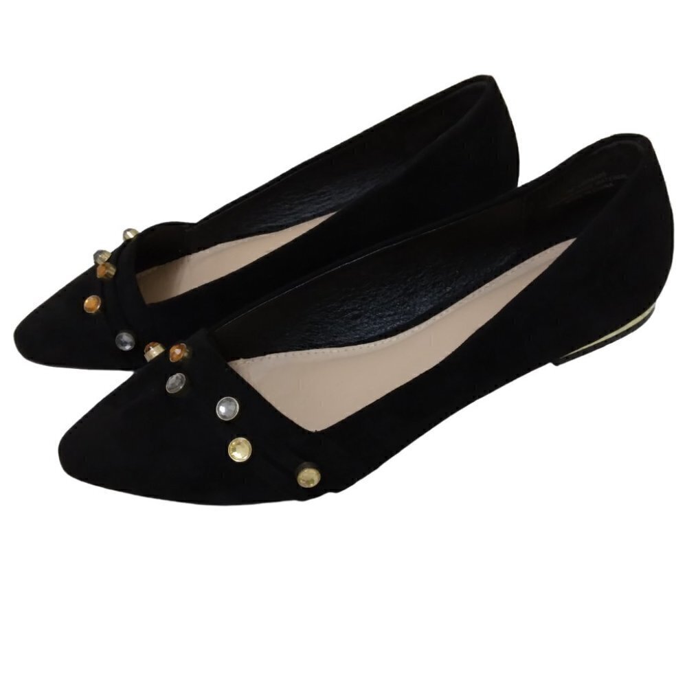 CEST 1946 | Jeweled Black Faux Suede Gold Trim Flats | Size 7